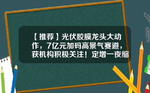 【推荐】光伏胶膜龙头大动作，7亿元加码高景气赛道，获机构积极关注！定增一夜缩水近四成，城商行龙头仍获机构看好-光优电站龙头公司